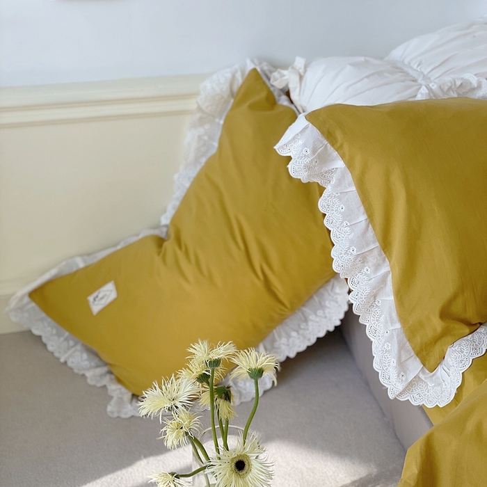 91家纺网 家纺一手货源 找家纺 贝尔 PELLHOME 全棉水洗棉镂空刺绣宽花边套件场景二（可抖音代发） 麦穗黄