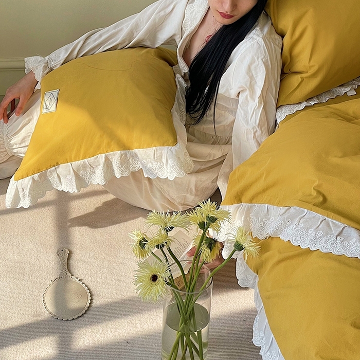 91家纺网 家纺一手货源 找家纺 贝尔 PELLHOME 全棉水洗棉镂空刺绣宽花边套件场景二（可抖音代发） 麦穗黄