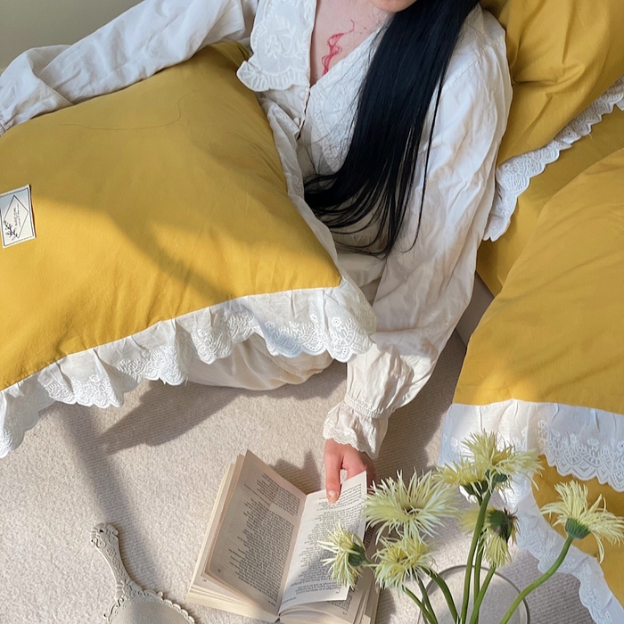 91家纺网 家纺一手货源 找家纺 贝尔 PELLHOME 全棉水洗棉镂空刺绣宽花边套件场景二（可抖音代发） 麦穗黄