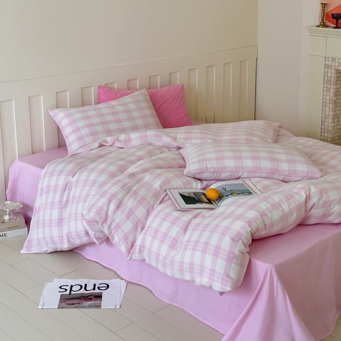 玛奇朵 2025春夏新品A类全棉水洗色织双层皱纱四件套-森系格纹 森系格纹-白桃粉（粉色床单）