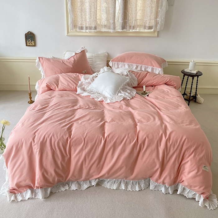 贝尔 PELLHOME 全棉水洗棉镂空刺绣宽花边套件场景二（可抖音代发） 蜜糖粉