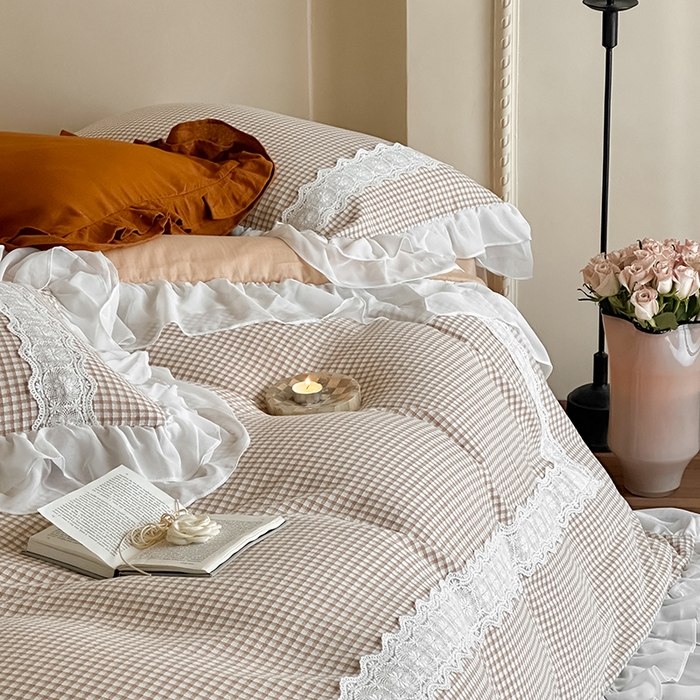 91家纺网 家纺一手货源 找家纺 （总）玛奇朵 2025新品法式复古格子小提花水洗棉四件套-米娅