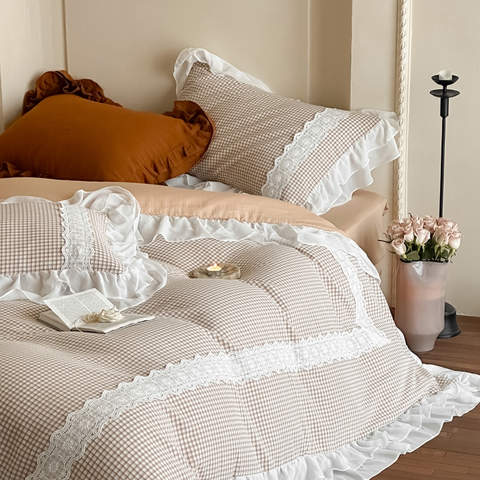 91家纺网 家纺一手货源 找家纺 （总）玛奇朵 2025新品法式复古格子小提花水洗棉四件套-米娅