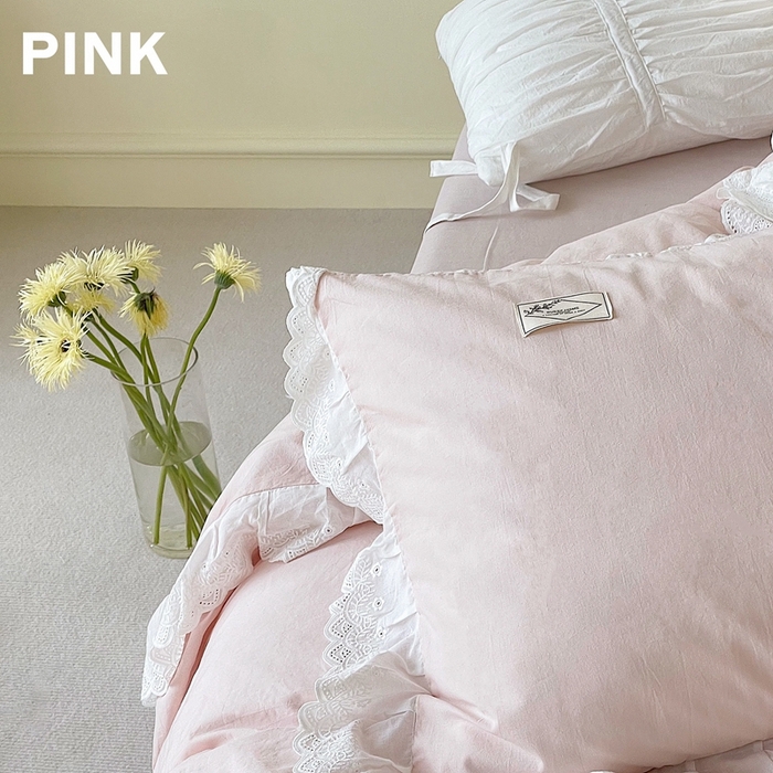 91家纺网 家纺一手货源 找家纺 贝尔 PELLHOME 全棉水洗棉镂空刺绣宽花边套件场景二（可抖音代发） 樱花粉
