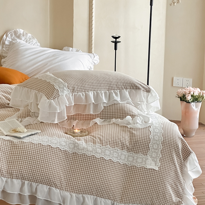 91家纺网 家纺一手货源 找家纺 （总）玛奇朵 2025新品法式复古格子小提花水洗棉四件套-米娅