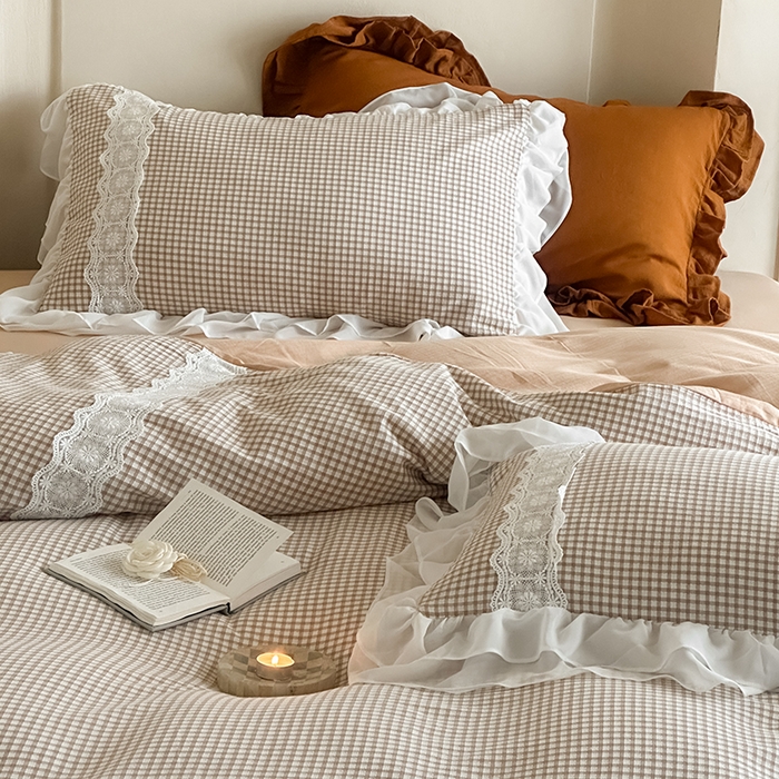 91家纺网 家纺一手货源 找家纺 （总）玛奇朵 2025新品法式复古格子小提花水洗棉四件套-米娅