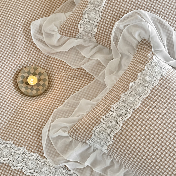 91家纺网 家纺一手货源 找家纺 （总）玛奇朵 2025新品法式复古格子小提花水洗棉四件套-米娅