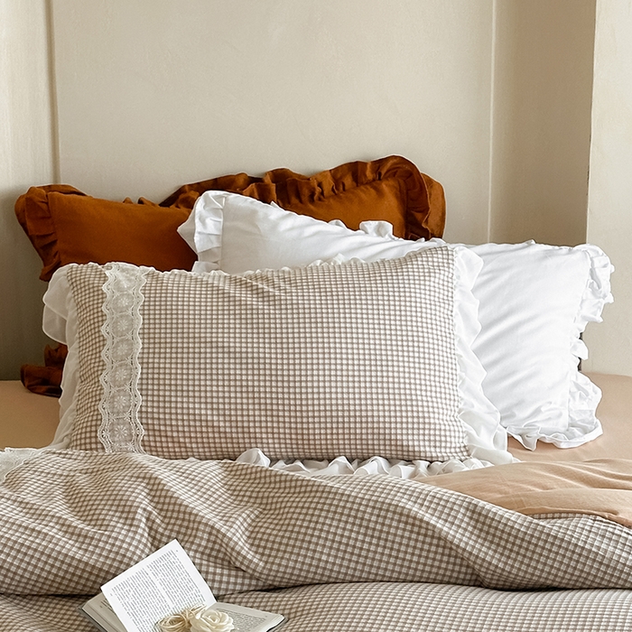 91家纺网 家纺一手货源 找家纺 （总）玛奇朵 2025新品法式复古格子小提花水洗棉四件套-米娅