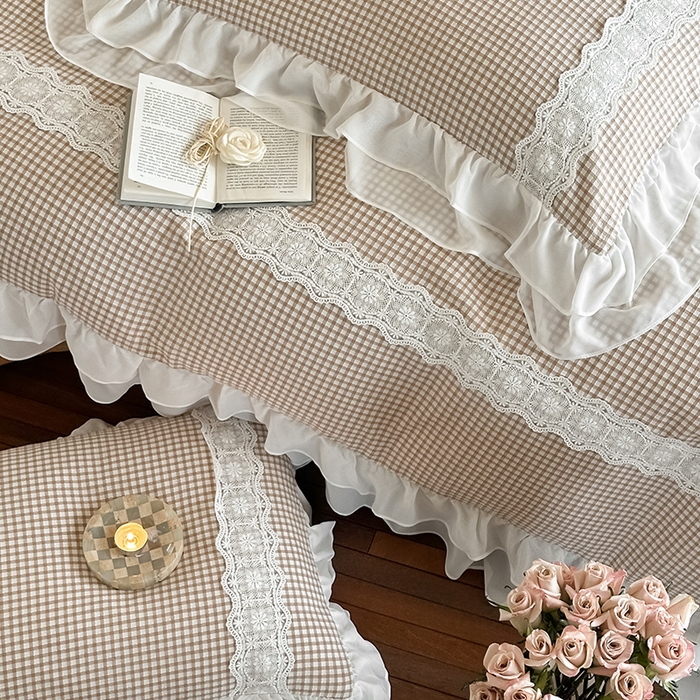 91家纺网 家纺一手货源 找家纺 （总）玛奇朵 2025新品法式复古格子小提花水洗棉四件套-米娅