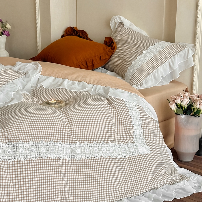 91家纺网 家纺一手货源 找家纺 （总）玛奇朵 2025新品法式复古格子小提花水洗棉四件套-米娅