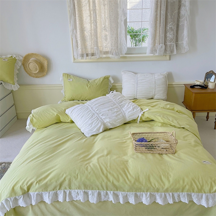 91家纺网 家纺一手货源 找家纺 贝尔 PELLHOME 全棉水洗棉镂空刺绣宽花边套件场景二（可抖音代发） 蔓青绿