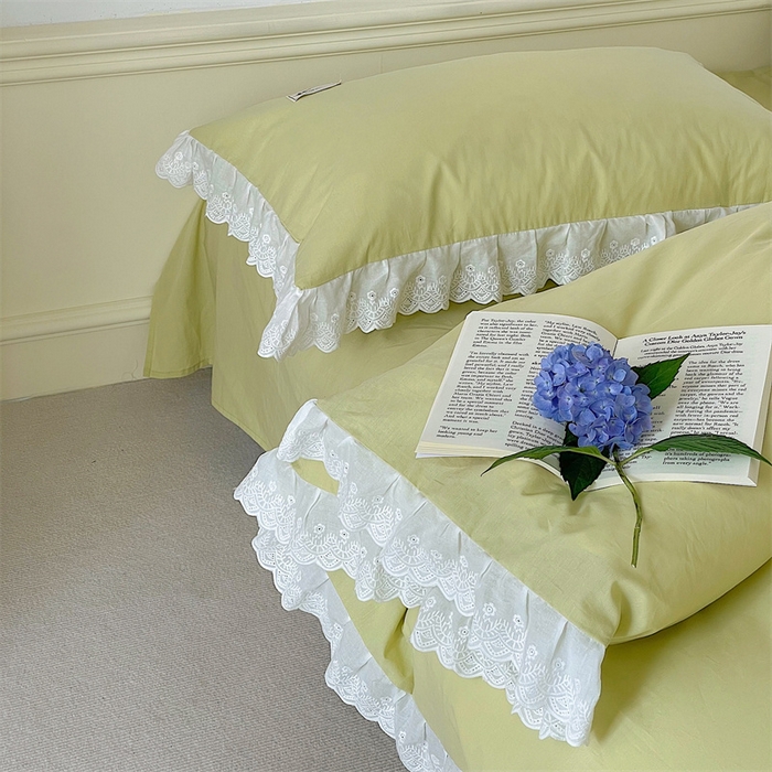 91家纺网 家纺一手货源 找家纺 贝尔 PELLHOME 全棉水洗棉镂空刺绣宽花边套件场景二（可抖音代发） 蔓青绿