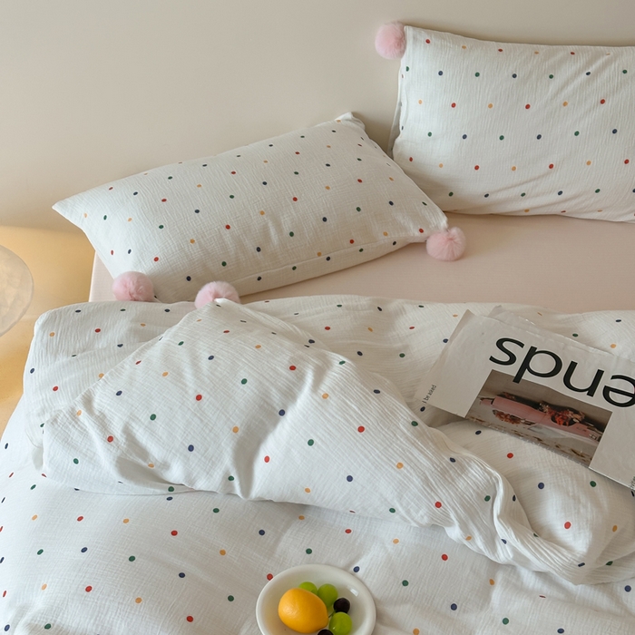 91家纺网 家纺一手货源 找家纺 （总）玛奇朵 2025新品全棉A类双层皱皱纱彩色啵啵四件套-毛球款