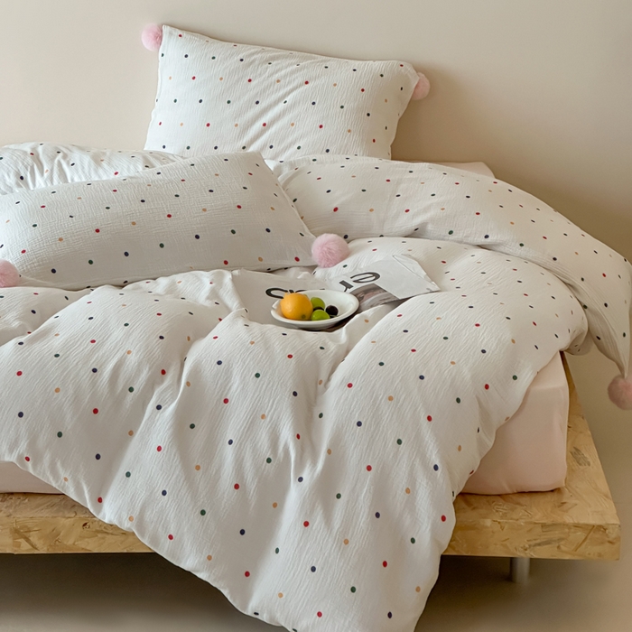 91家纺网 家纺一手货源 找家纺 （总）玛奇朵 2025新品全棉A类双层皱皱纱彩色啵啵四件套-毛球款