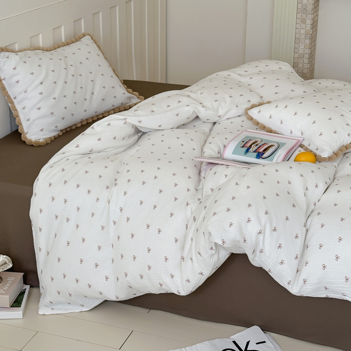 91家纺网 家纺一手货源 找家纺 玛奇朵 2025新品全棉A类双层皱皱纱四件套-蝴蝶结系列 蝴蝶结毛边款