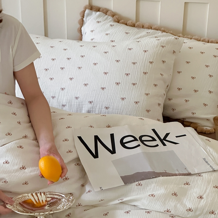 91家纺网 家纺一手货源 找家纺 （总）玛奇朵 2025新品全棉A类双层皱皱纱四件套-蝴蝶结系列