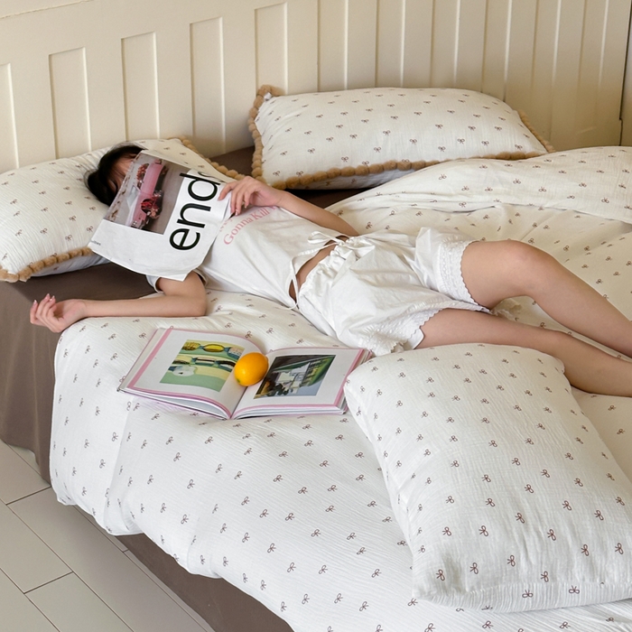 91家纺网 家纺一手货源 找家纺 （总）玛奇朵 2025新品全棉A类双层皱皱纱四件套-蝴蝶结系列