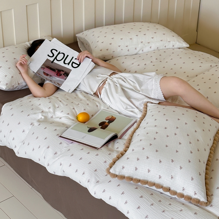 玛奇朵 2025新品全棉A类双层皱皱纱四件套-蝴蝶结系列 蝴蝶结常规款