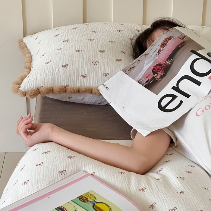 91家纺网 家纺一手货源 找家纺 玛奇朵 2025新品全棉A类双层皱皱纱四件套-蝴蝶结系列 蝴蝶结毛边款