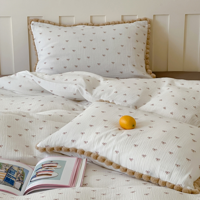 91家纺网 家纺一手货源 找家纺 玛奇朵 2025新品全棉A类双层皱皱纱四件套-蝴蝶结系列 蝴蝶结毛边款