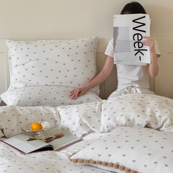 91家纺网 家纺一手货源 找家纺 （总）玛奇朵 2025新品全棉A类双层皱皱纱四件套-蝴蝶结系列