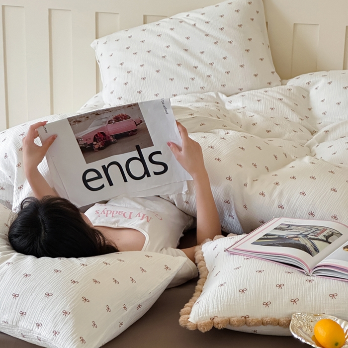 91家纺网 家纺一手货源 找家纺 玛奇朵 2025新品全棉A类双层皱皱纱四件套-蝴蝶结系列 蝴蝶结常规款