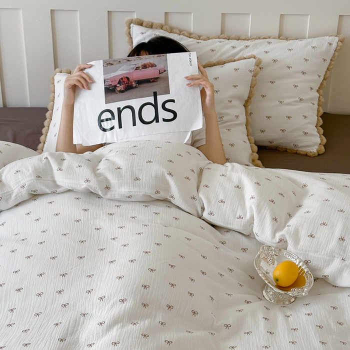 91家纺网 家纺一手货源 找家纺 玛奇朵 2025新品全棉A类双层皱皱纱四件套-蝴蝶结系列 蝴蝶结毛边款