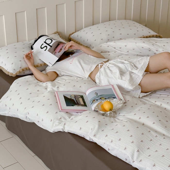 91家纺网 家纺一手货源 找家纺 玛奇朵 2025新品全棉A类双层皱皱纱四件套-蝴蝶结系列 蝴蝶结毛边款