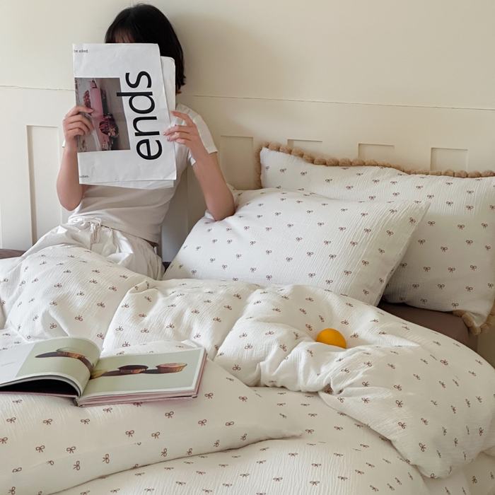 91家纺网 家纺一手货源 找家纺 （总）玛奇朵 2025新品全棉A类双层皱皱纱四件套-蝴蝶结系列