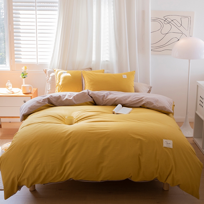 91家纺网 家纺一手货源 找家纺 贝尔 PELLHOME 全棉100纯色双拼水洗棉日式简约无印良品四件套春节不打烊（可抖音代发） 嫩黄