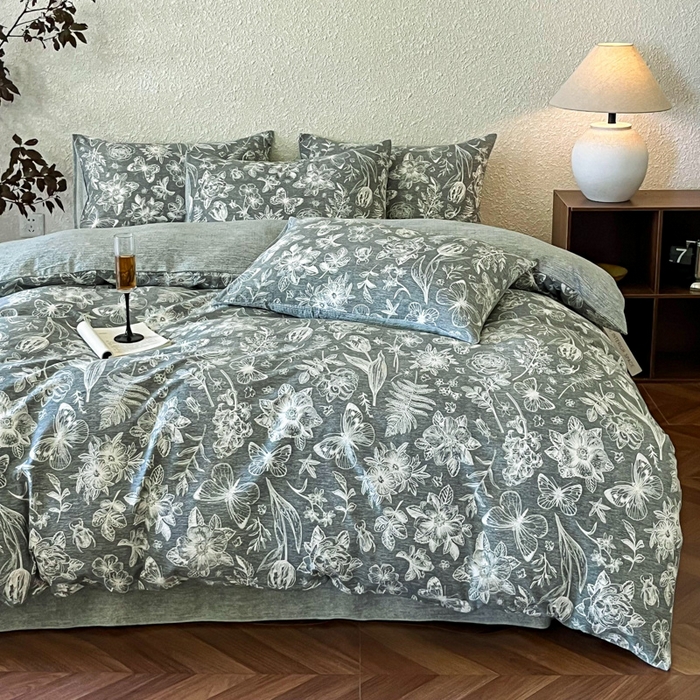 91家纺网 家纺一手货源 找家纺 斯卡诺家纺 2026新款原麻亚麻皱皱纱四件套水洗棉印花四件套 凡尔赛