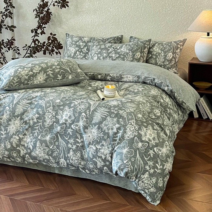 91家纺网 家纺一手货源 找家纺 斯卡诺家纺 2026新款原麻亚麻皱皱纱四件套水洗棉印花四件套 凡尔赛