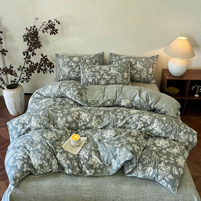 91家纺网 家纺一手货源 找家纺 斯卡诺家纺 2026新款原麻亚麻皱皱纱四件套水洗棉印花四件套 凡尔赛