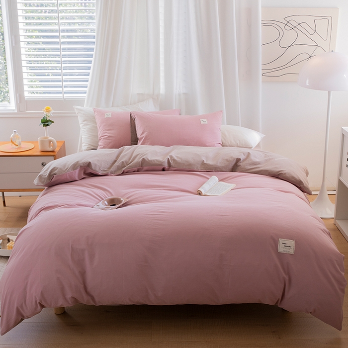 91家纺网 家纺一手货源 找家纺 贝尔 PELLHOME 全棉100纯色双拼水洗棉日式简约无印良品四件套春节不打烊（可抖音代发） 藕粉