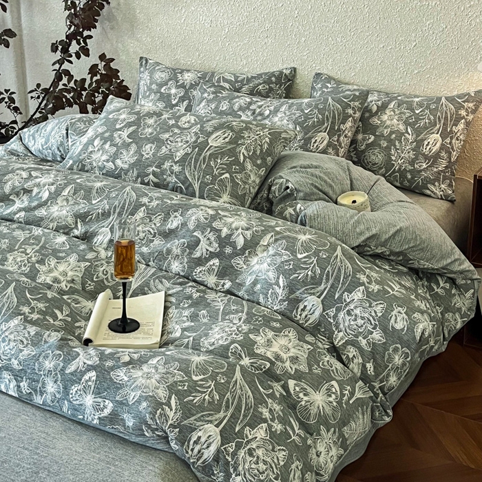 91家纺网 家纺一手货源 找家纺 斯卡诺家纺 2026新款原麻亚麻皱皱纱四件套水洗棉印花四件套 凡尔赛