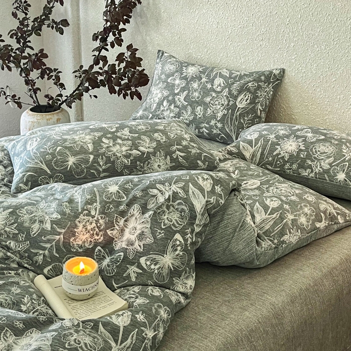 91家纺网 家纺一手货源 找家纺 斯卡诺家纺 2026新款原麻亚麻皱皱纱四件套水洗棉印花四件套 凡尔赛