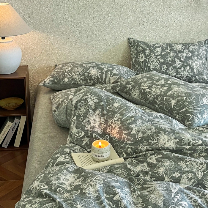 91家纺网 家纺一手货源 找家纺 斯卡诺家纺 2026新款原麻亚麻皱皱纱四件套水洗棉印花四件套 凡尔赛