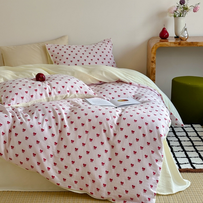 91家纺网 家纺一手货源 找家纺 玛奇朵 2025新款A类全棉双层纱提花四件套 莓莓奶糖