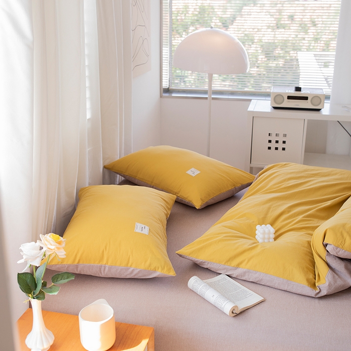 91家纺网 家纺一手货源 找家纺 贝尔 PELLHOME 全棉100纯色双拼水洗棉日式简约无印良品四件套春节不打烊（可抖音代发） 嫩黄