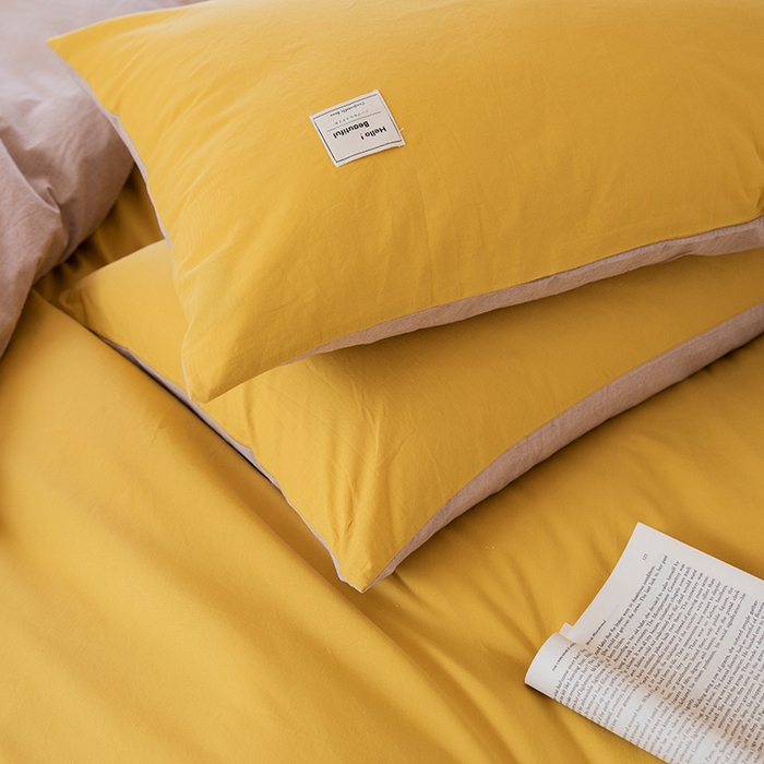 91家纺网 家纺一手货源 找家纺 贝尔 PELLHOME 全棉100纯色双拼水洗棉日式简约无印良品四件套春节不打烊（可抖音代发） 嫩黄