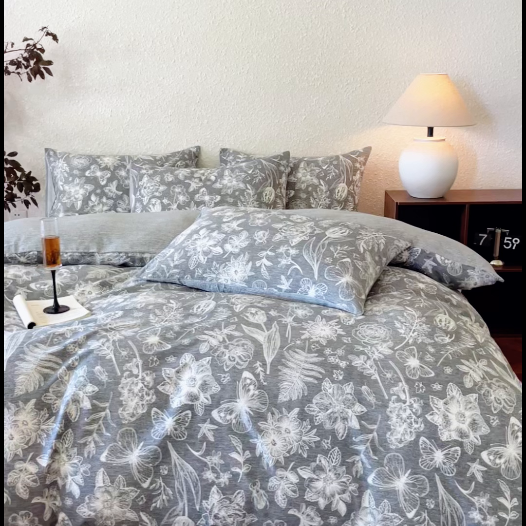 91家纺网 家纺一手货源 找家纺 斯卡诺家纺 2026新款原麻亚麻皱皱纱四件套水洗棉印花四件套 凡尔赛