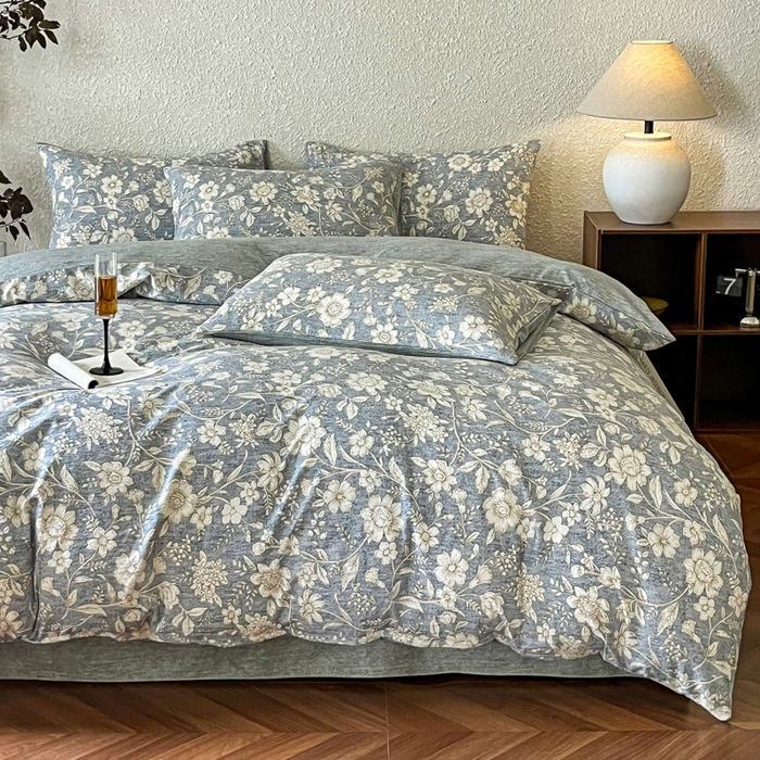 91家纺网 家纺一手货源 找家纺 斯卡诺家纺 2026新款原麻亚麻皱皱纱四件套水洗棉印花四件套 繁花似锦