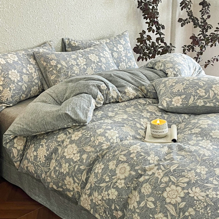 91家纺网 家纺一手货源 找家纺 斯卡诺家纺 2026新款原麻亚麻皱皱纱四件套水洗棉印花四件套 繁花似锦