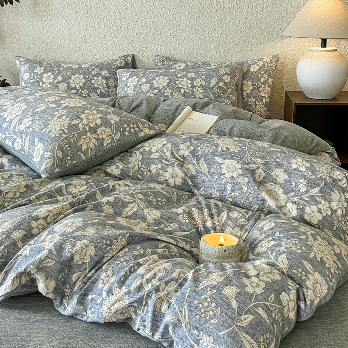 91家纺网 家纺一手货源 找家纺 斯卡诺家纺 2026新款原麻亚麻皱皱纱四件套水洗棉印花四件套 繁花似锦