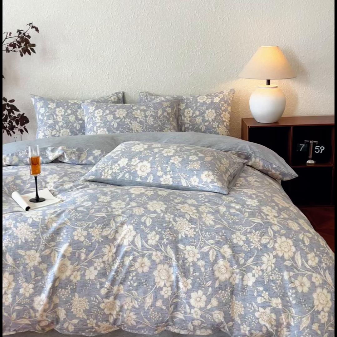 91家纺网 家纺一手货源 找家纺 斯卡诺家纺 2026新款原麻亚麻皱皱纱四件套水洗棉印花四件套 繁花似锦