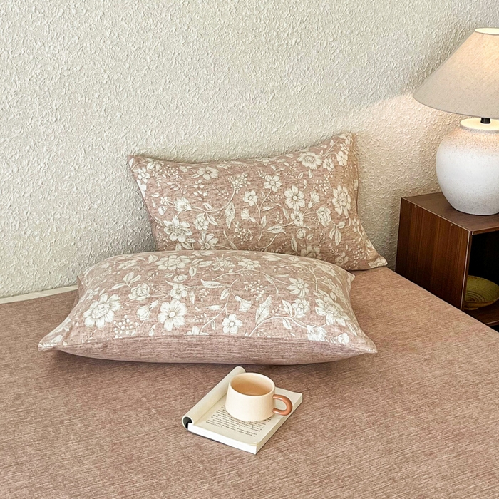 91家纺网 家纺一手货源 找家纺 斯卡诺家纺 2026新款原麻亚麻皱皱纱四件套水洗棉印花四件套 繁花似锦粉