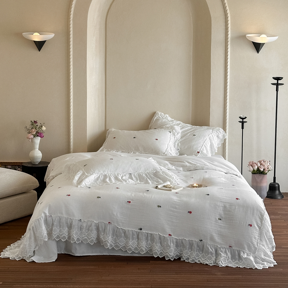 （总）玛奇朵 2025新品法式蕾丝花边款双层纱提花四件套-花与你