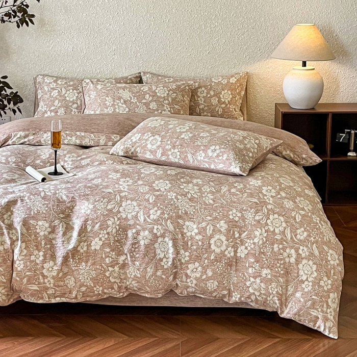 91家纺网 家纺一手货源 找家纺 斯卡诺家纺 2026新款原麻亚麻皱皱纱四件套水洗棉印花四件套 繁花似锦粉