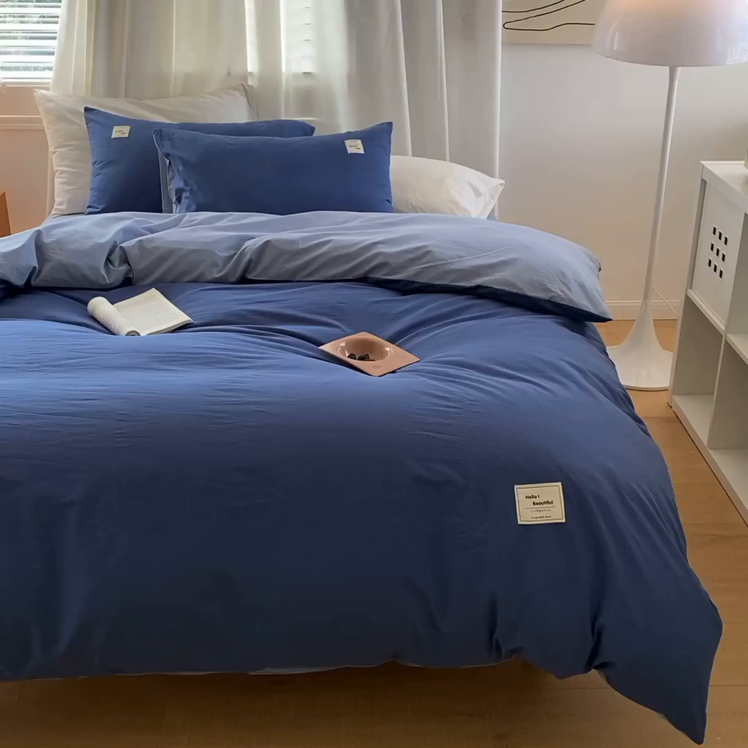 91家纺网 家纺一手货源 找家纺 贝尔 PELLHOME 全棉100纯色双拼水洗棉日式简约无印良品四件套春节不打烊（可抖音代发） 牛仔蓝