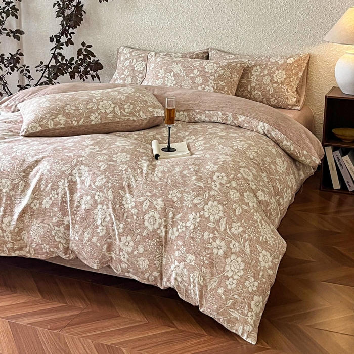 91家纺网 家纺一手货源 找家纺 斯卡诺家纺 2026新款原麻亚麻皱皱纱四件套水洗棉印花四件套 繁花似锦粉